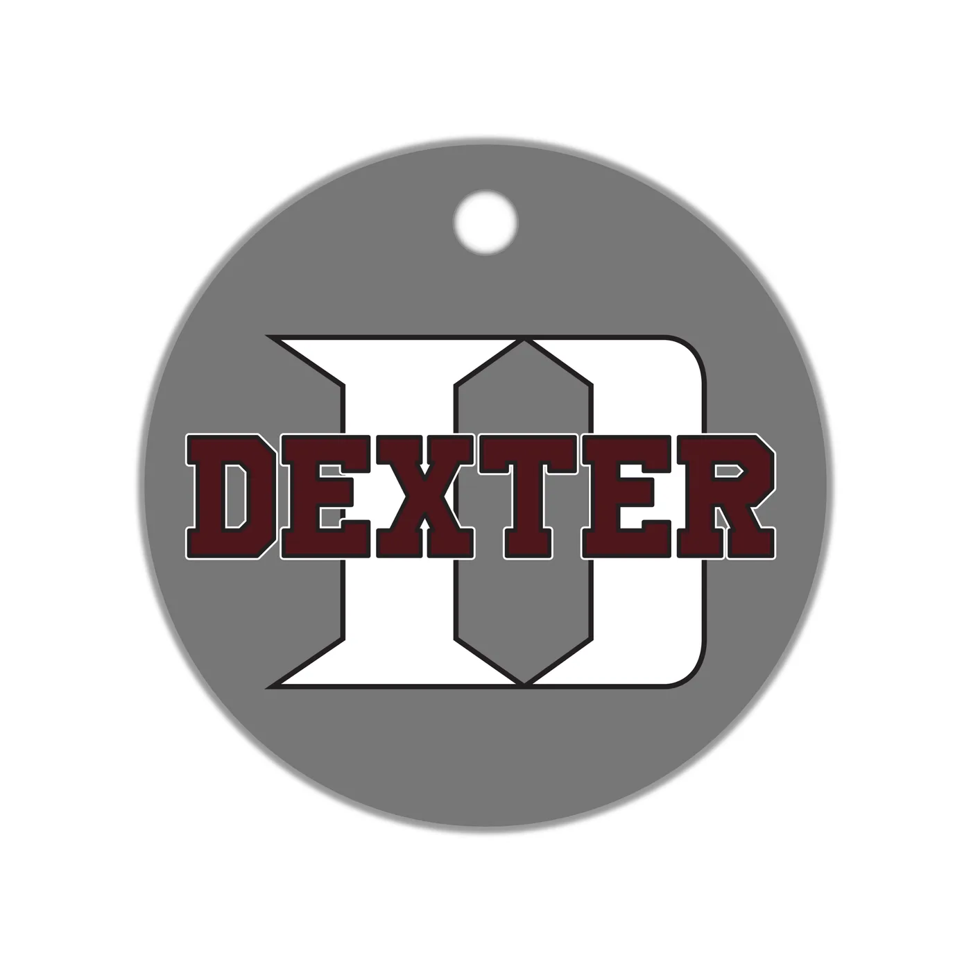 Dexter D Circle Earrings, Grey with White Logo, Maroon Dexter