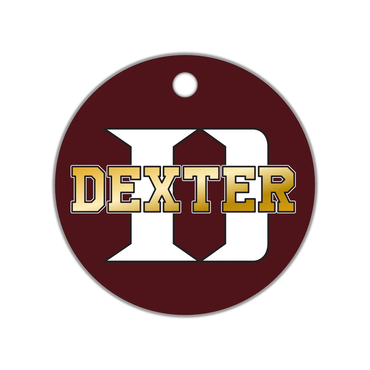 Dexter D Circle Earrings, Maroon with White Logo, Gold Gradient Dexter