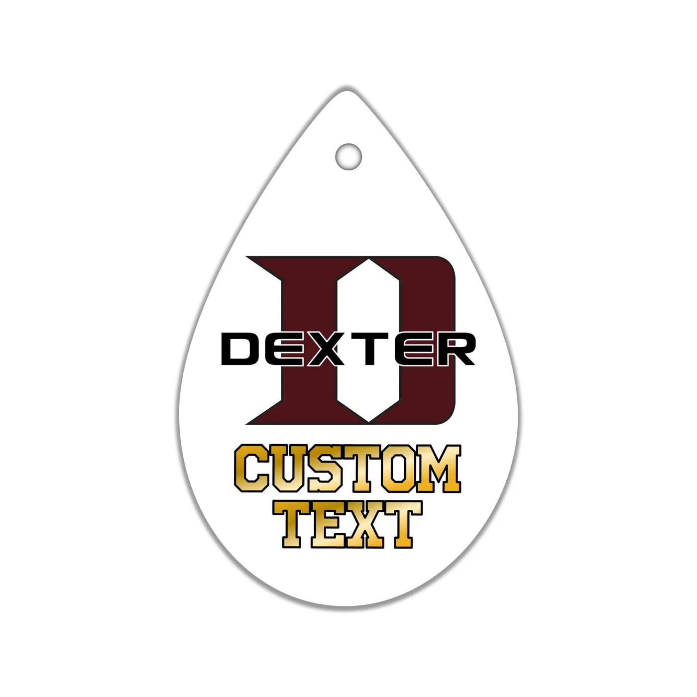 Dexter D Teardrop Earrings, White with Maroon Logo, Custom Text