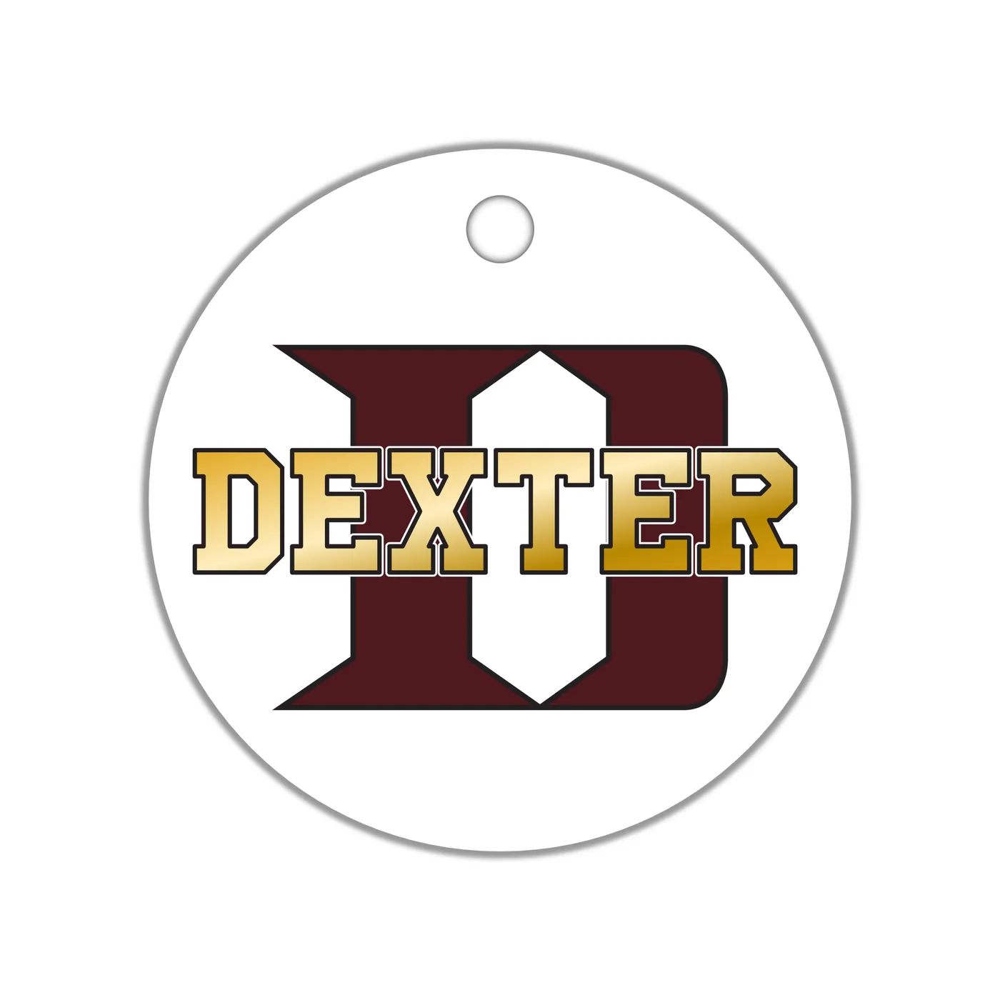 Dexter D Circle Earrings, White with Maroon Logo, Gold Gradient Dexter