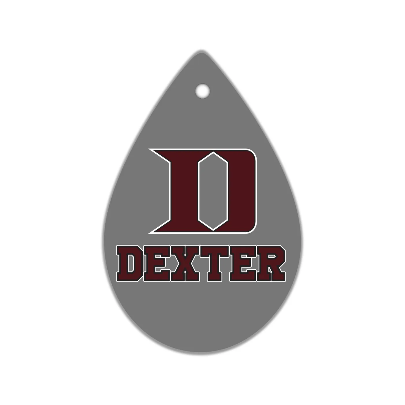 Dexter D Teardrop Earrings, Grey with Maroon Logo