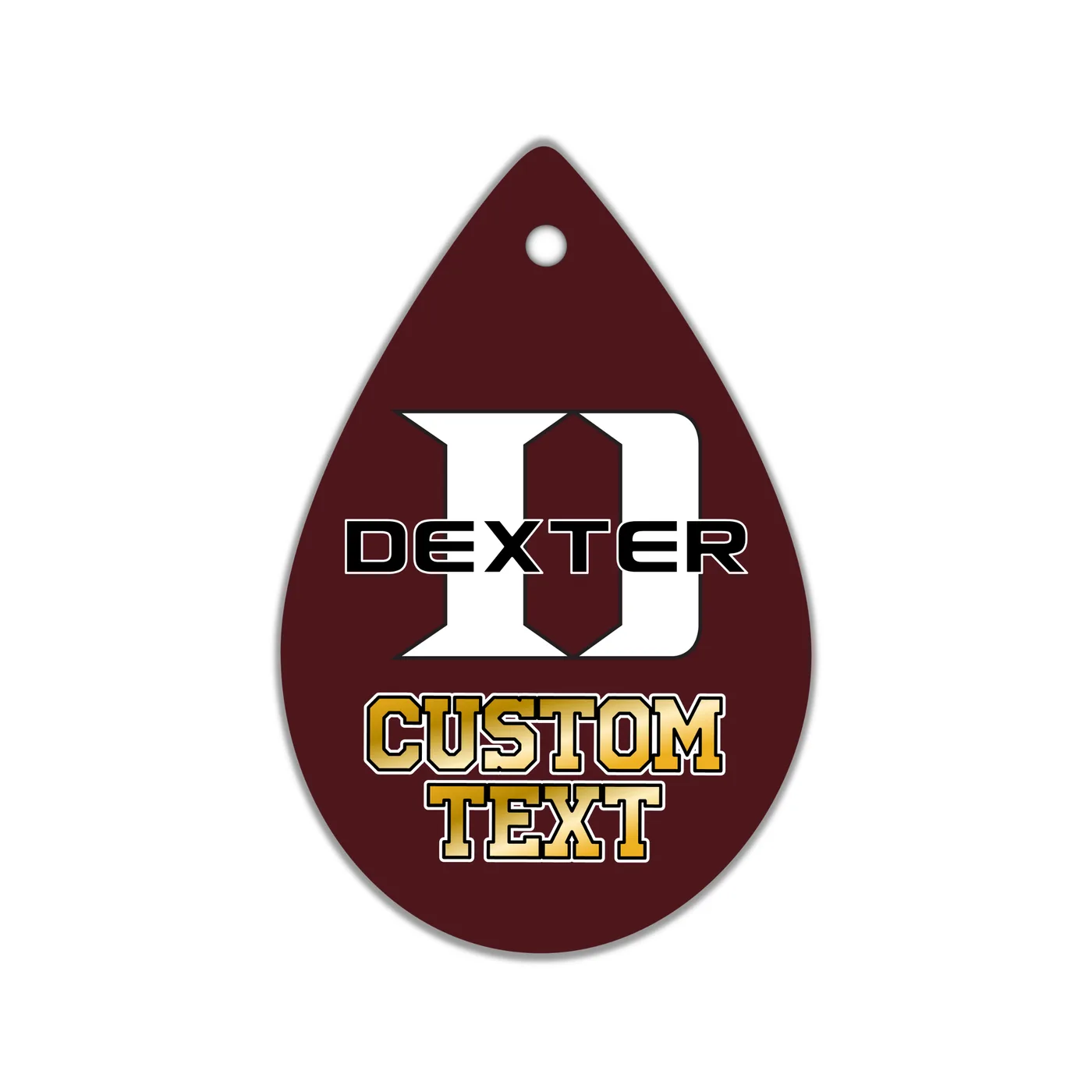 Dexter D Teardrop Earrings, Maroon with White Logo, Custom Text in Gold
