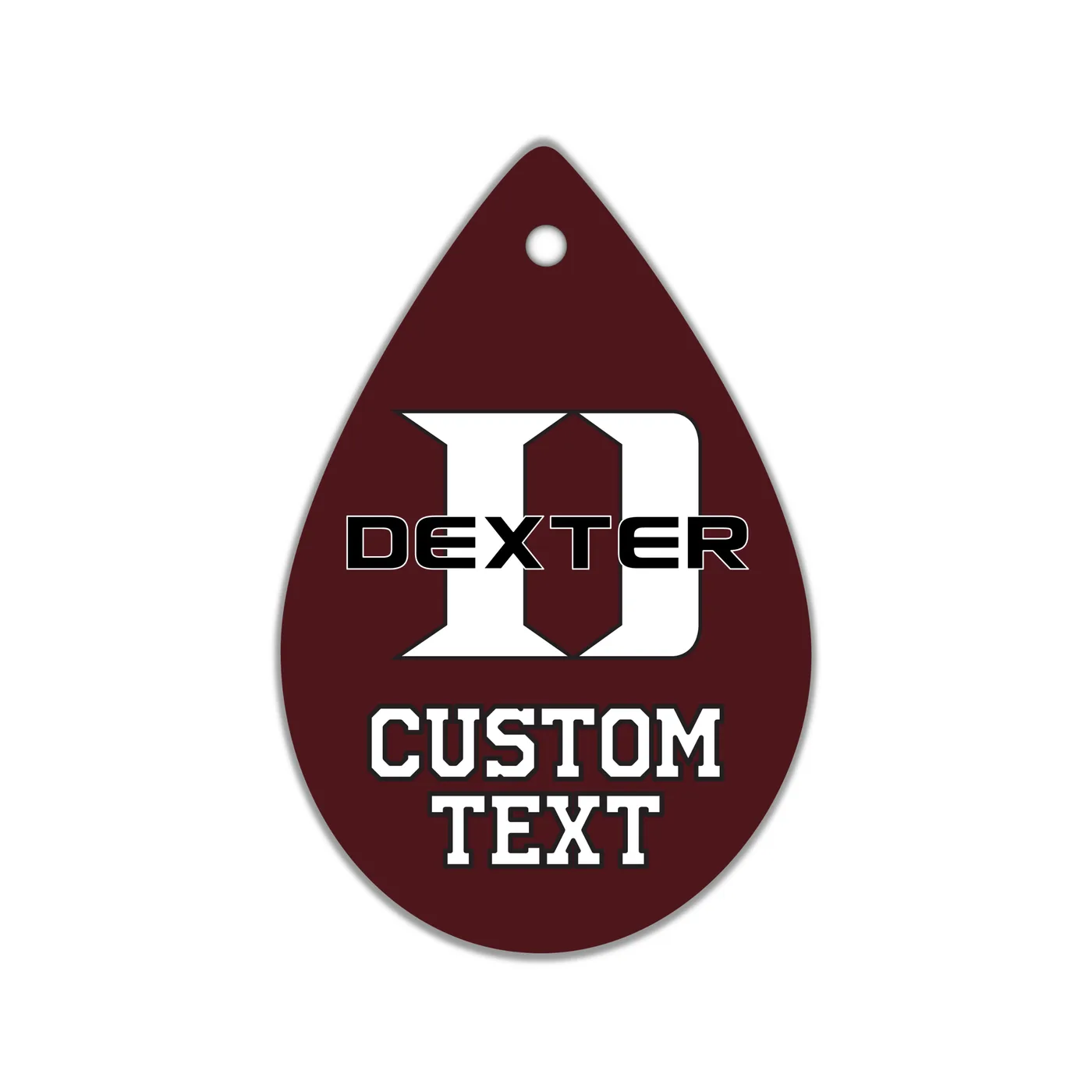 Dexter D Teardrop Earrings, Maroon with White Logo, Custom Text