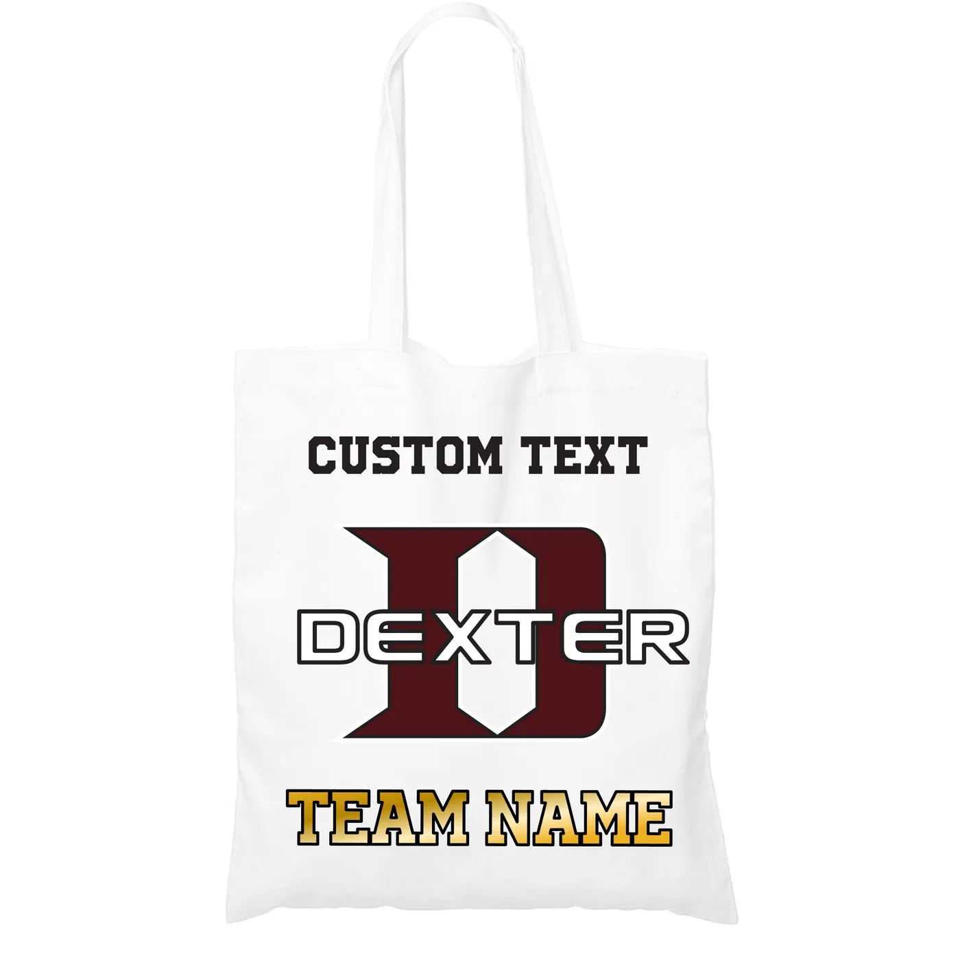 Tote Bag, Dexter "D", Custom Text & Team Name in Gold